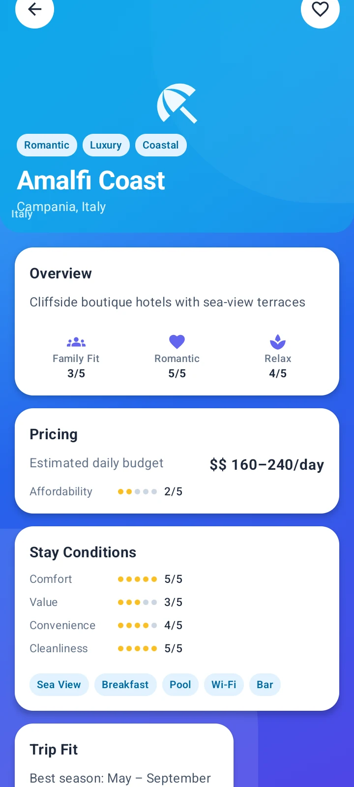 QuickTrip Compare destination detail screen