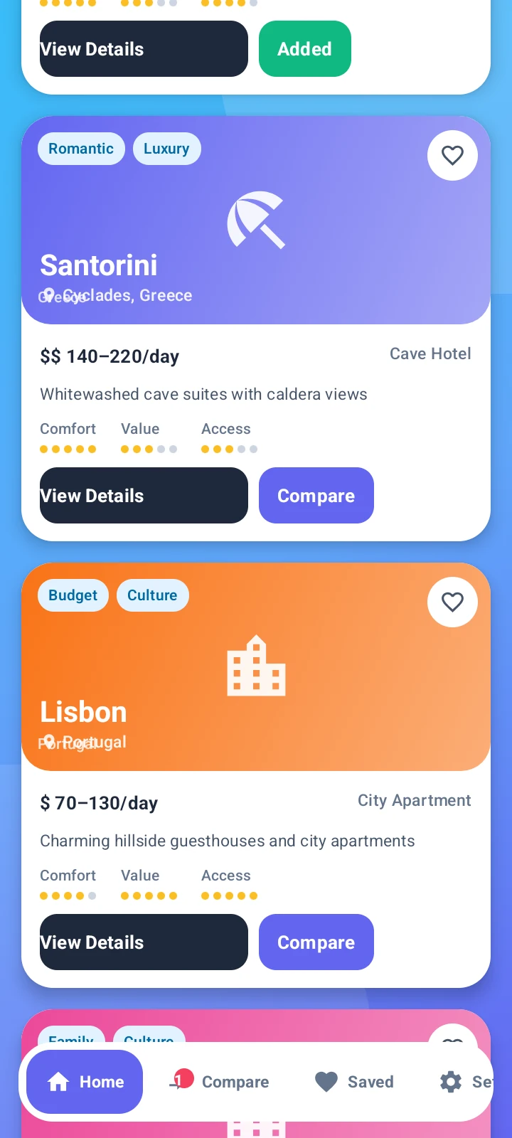 QuickTrip Compare destination list screen