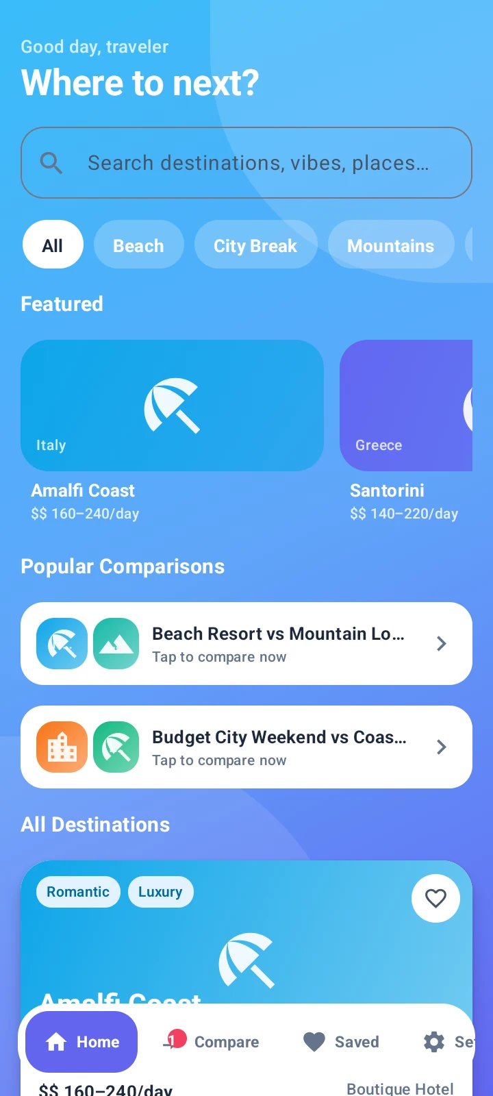 QuickTrip Compare home screen